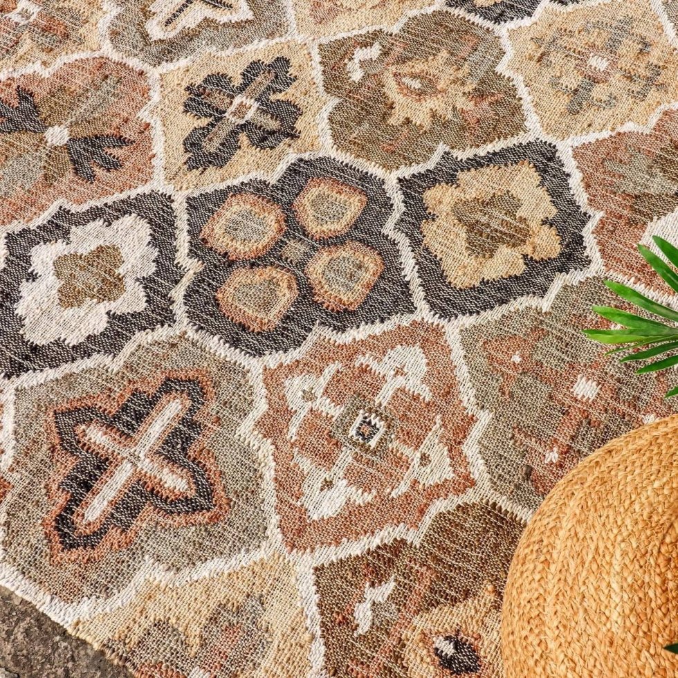 Katoenen en jute vloerkleed met bruin latwerkpatroon - Afbeelding 4