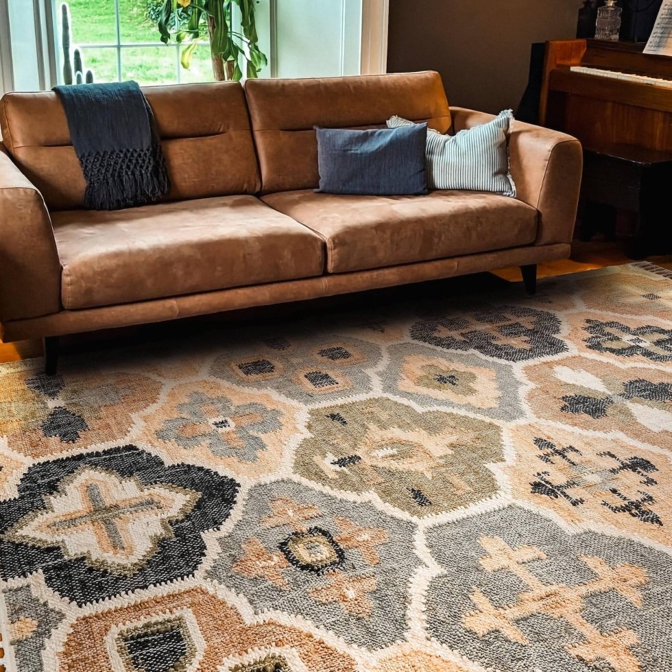 Katoenen en jute vloerkleed met bruin latwerkpatroon