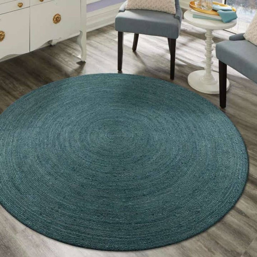 Teal groen gevlochten rond jute vloerkleed