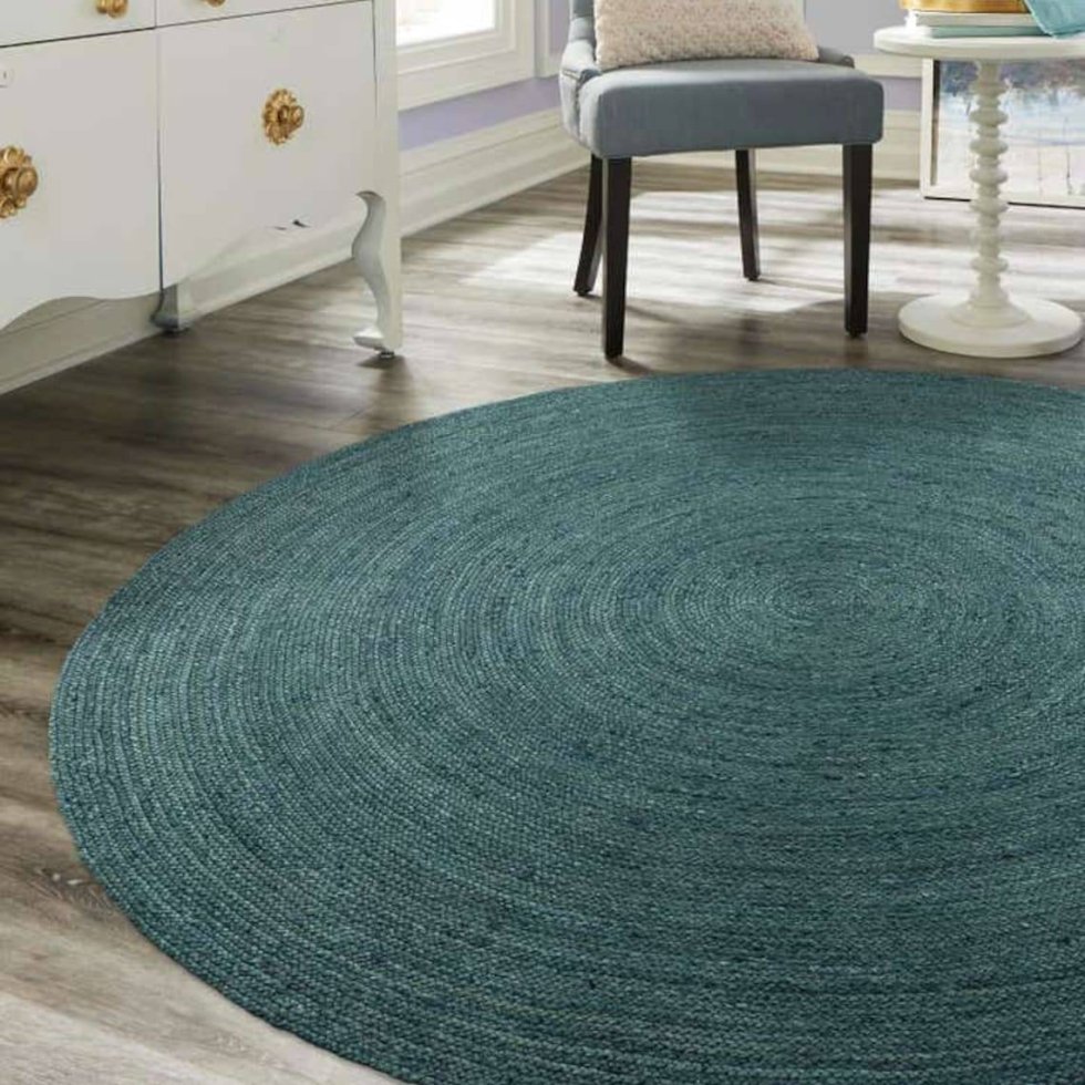 Teal groen gevlochten rond jute vloerkleed - Afbeelding 2