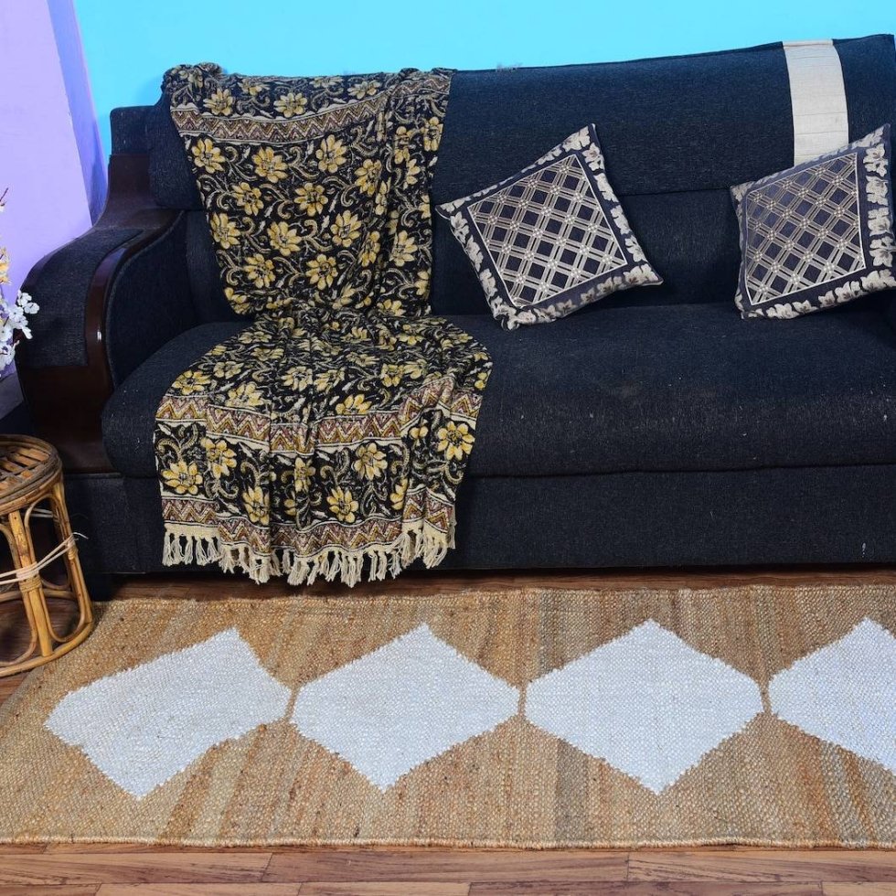 Jute vloerkleed met witte ruit - Afbeelding 2