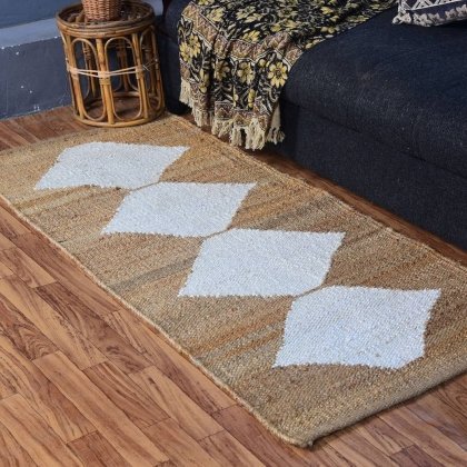 Jute vloerkleed met witte ruit