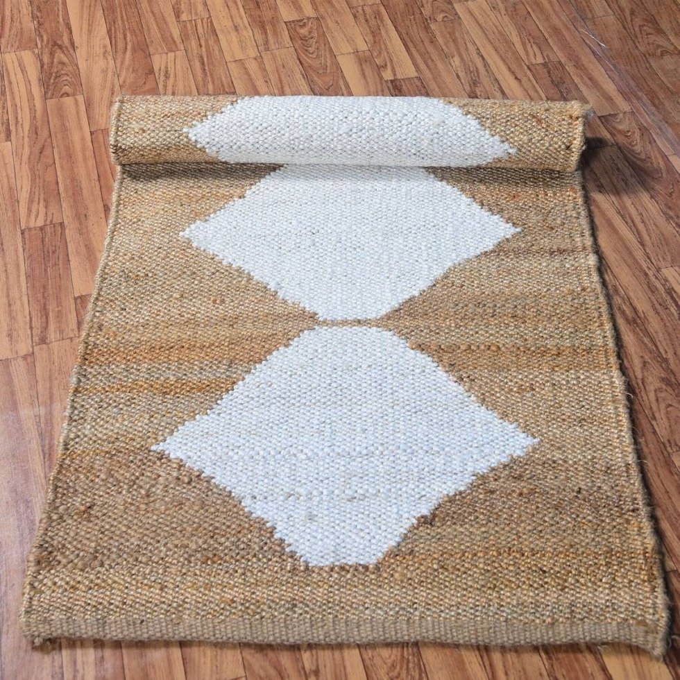 Jute vloerkleed met witte ruit - Afbeelding 5