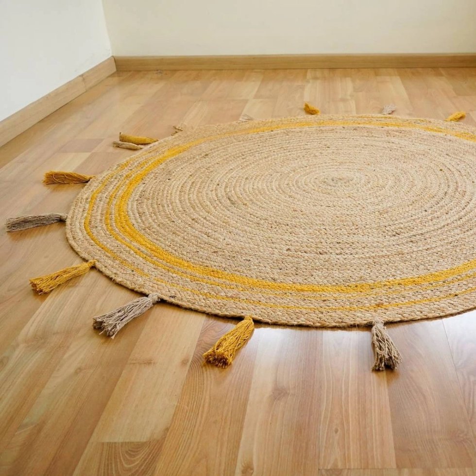 Geel gevlochten jute vloerkleed met kwastjes - Afbeelding 4