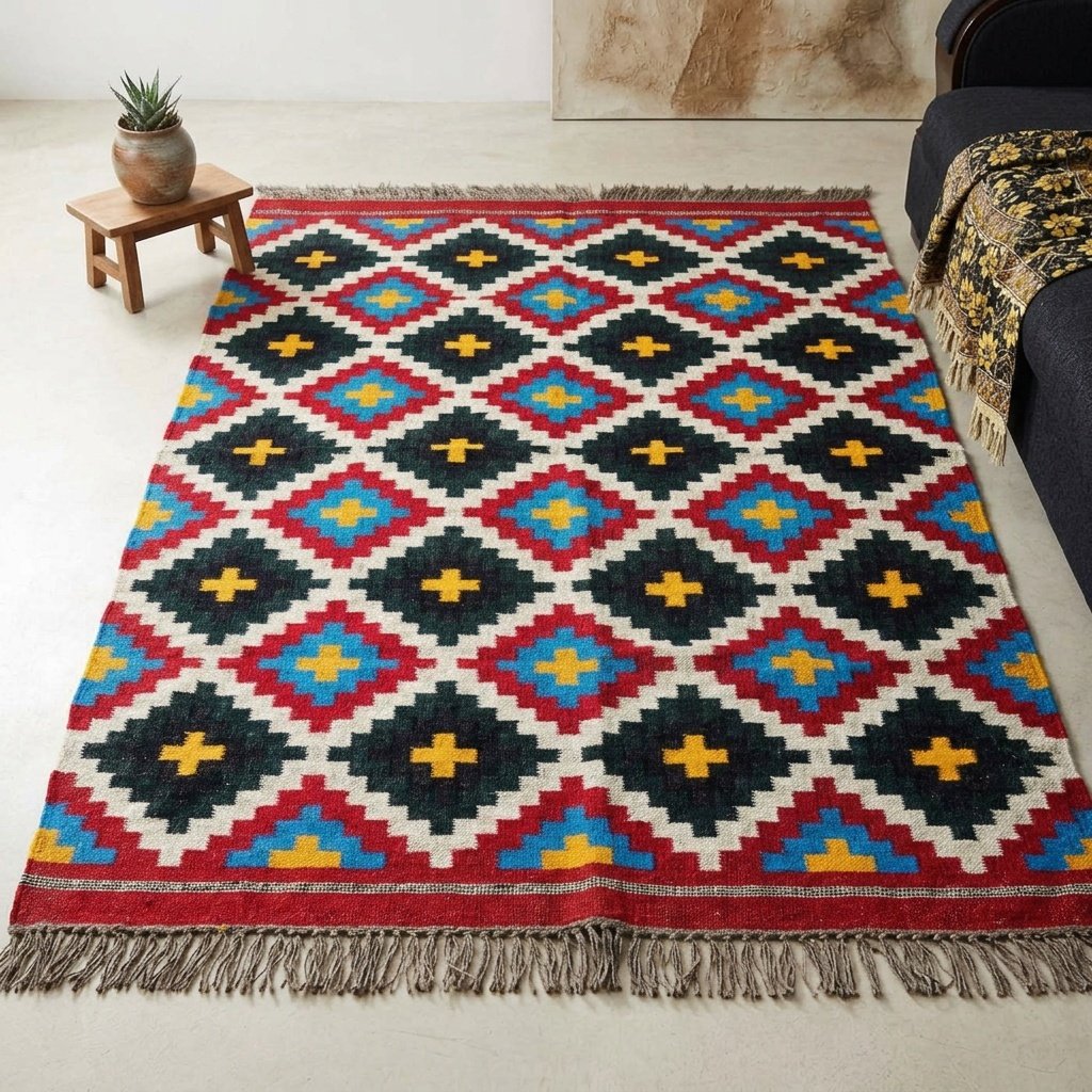 Aztec wollen en juten kelim vloerkleed Aztec wool and jute kilim rug
