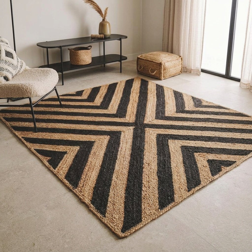 Zwart en beige jute vloerkleed Black and beige jute rug