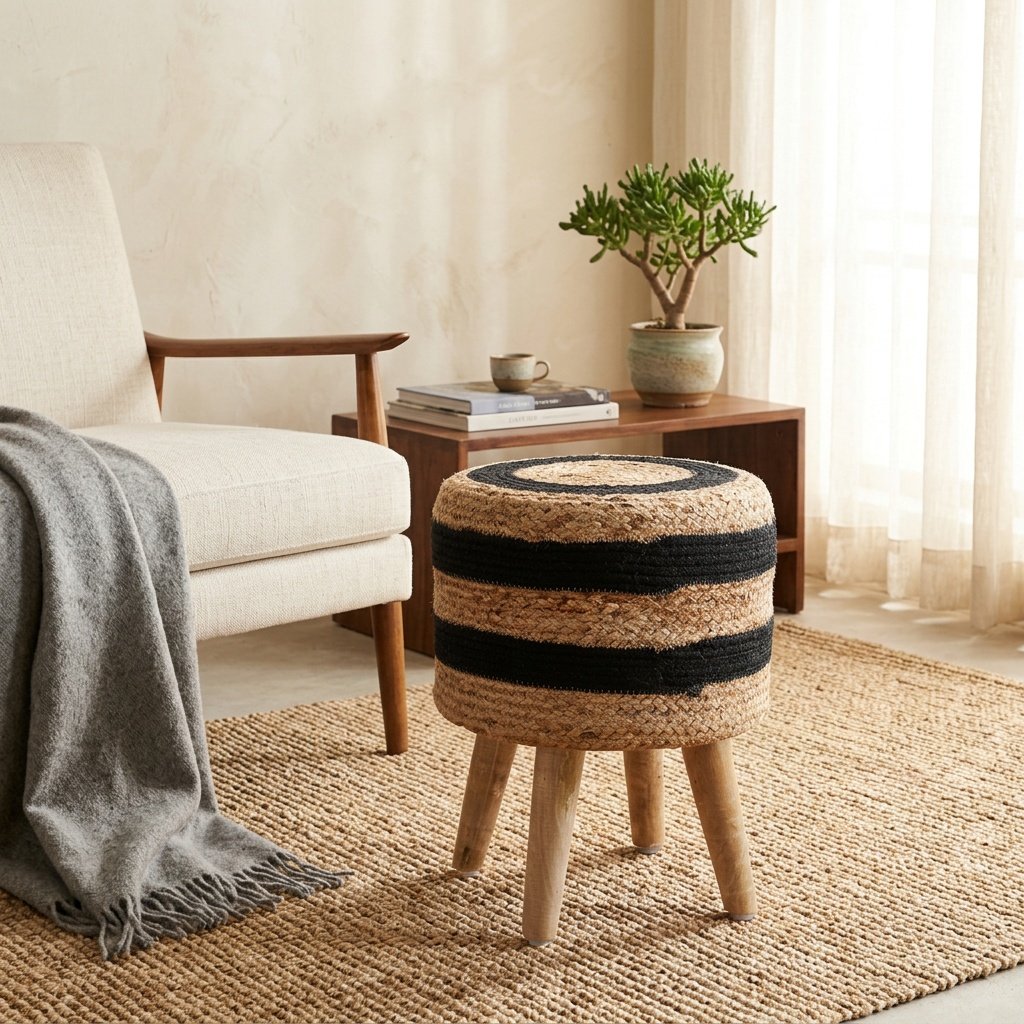 Zwart en naturel gevlochten voetenbank van jute Black and natural braided jute ottoman