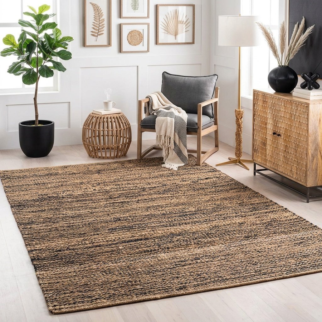 Zwart en naturel hennep jute vloerkleed Black and natural hemp jute rug