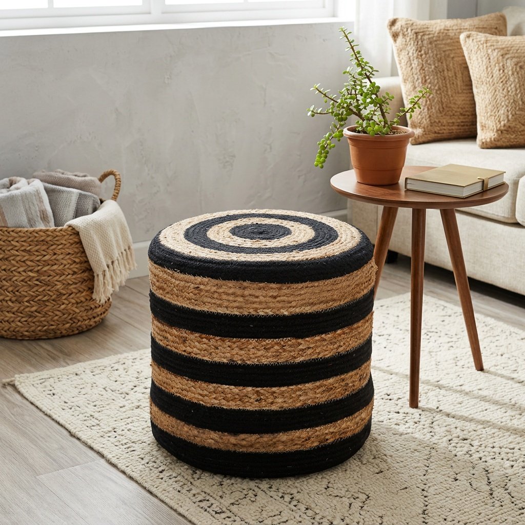 Zwart gestreepte poef van gevlochten katoen en jute Black striped braided cotton and jute pouf ottoman