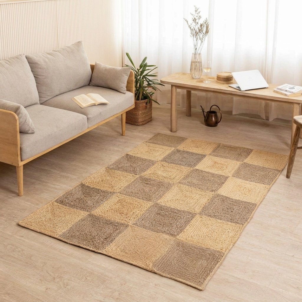Gevlochten jute vloerkleed Braided checkerboard jute rug