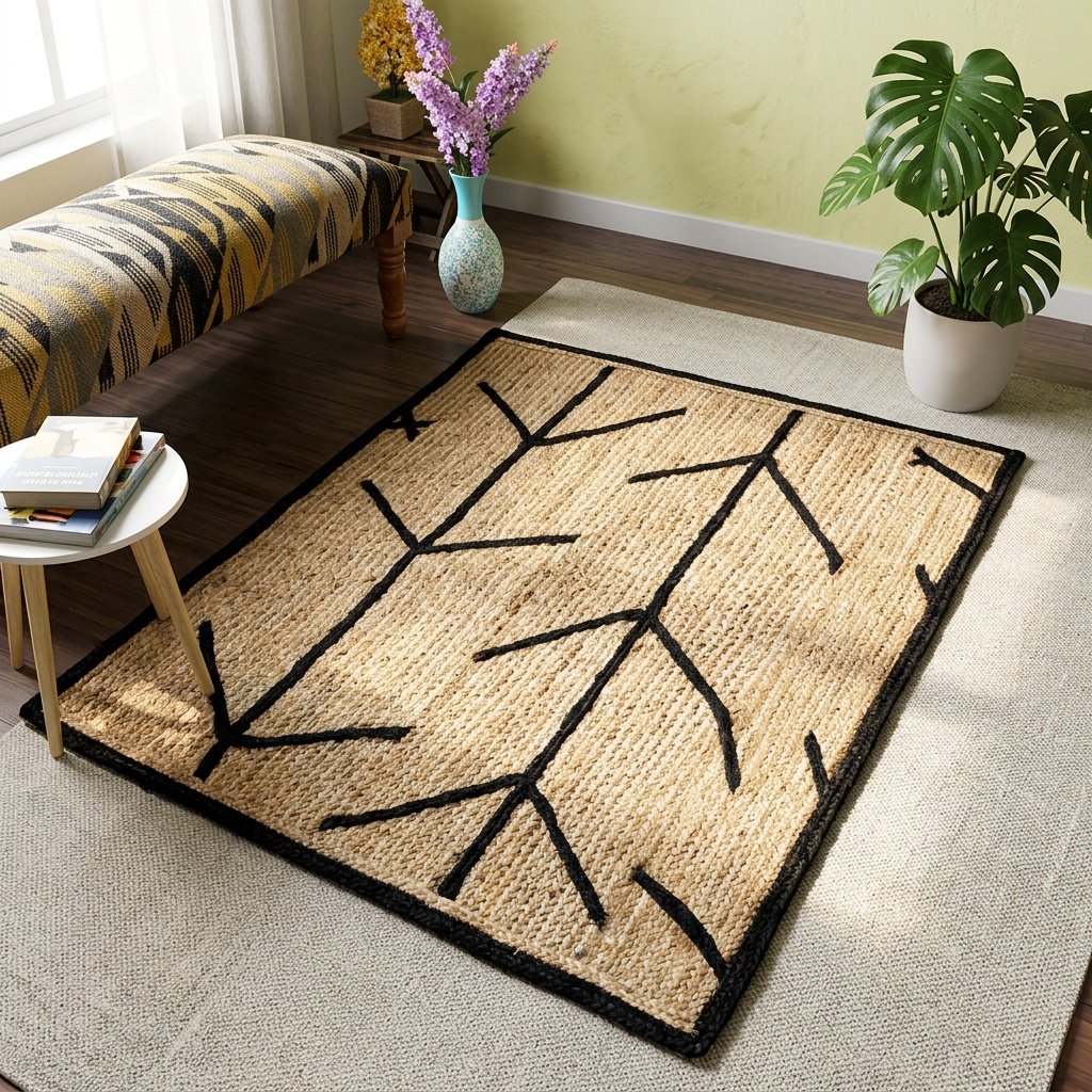 Gevlochten jute vloerkleden met zwarte rand Braided jute rugs with black border