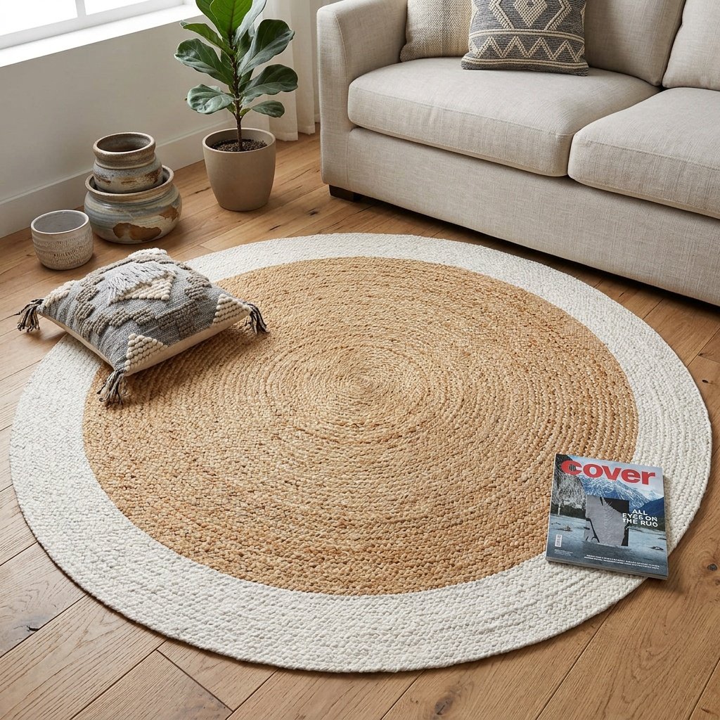 Gevlochten witte rand rond jute vloerkleed Braided white border round jute rug