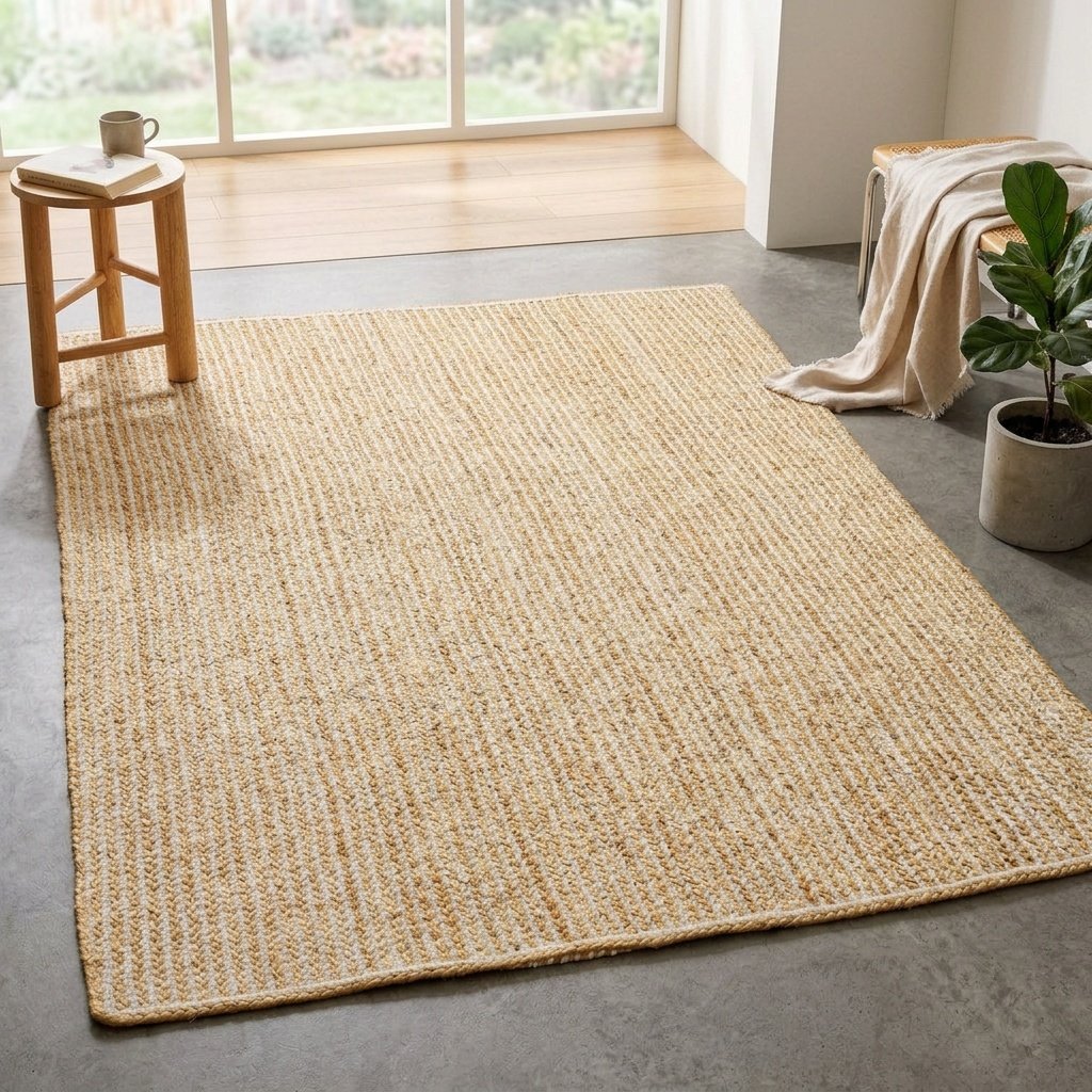 Gevlochten wit gestreept jute vloerkleed Braided white striped jute area rug