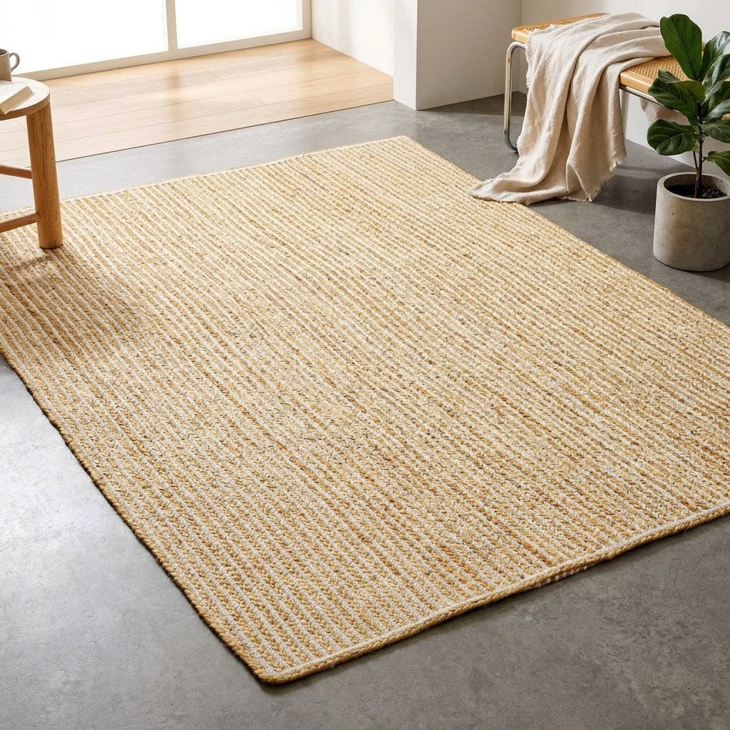 Gevlochten wit gestreept jute vloerkleed Braided white striped jute area rug