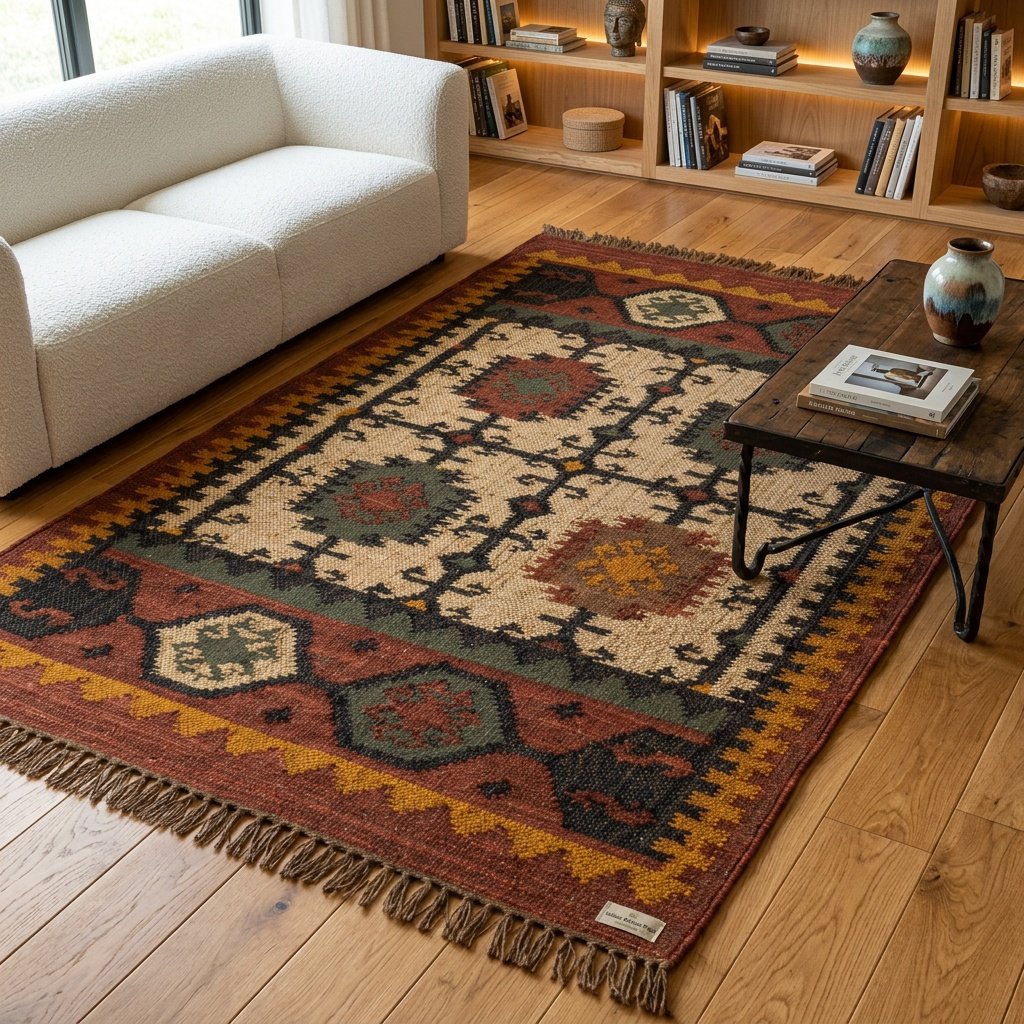 Bruin navajo tapijt van wol en jute Brown navajo wool and jute rug