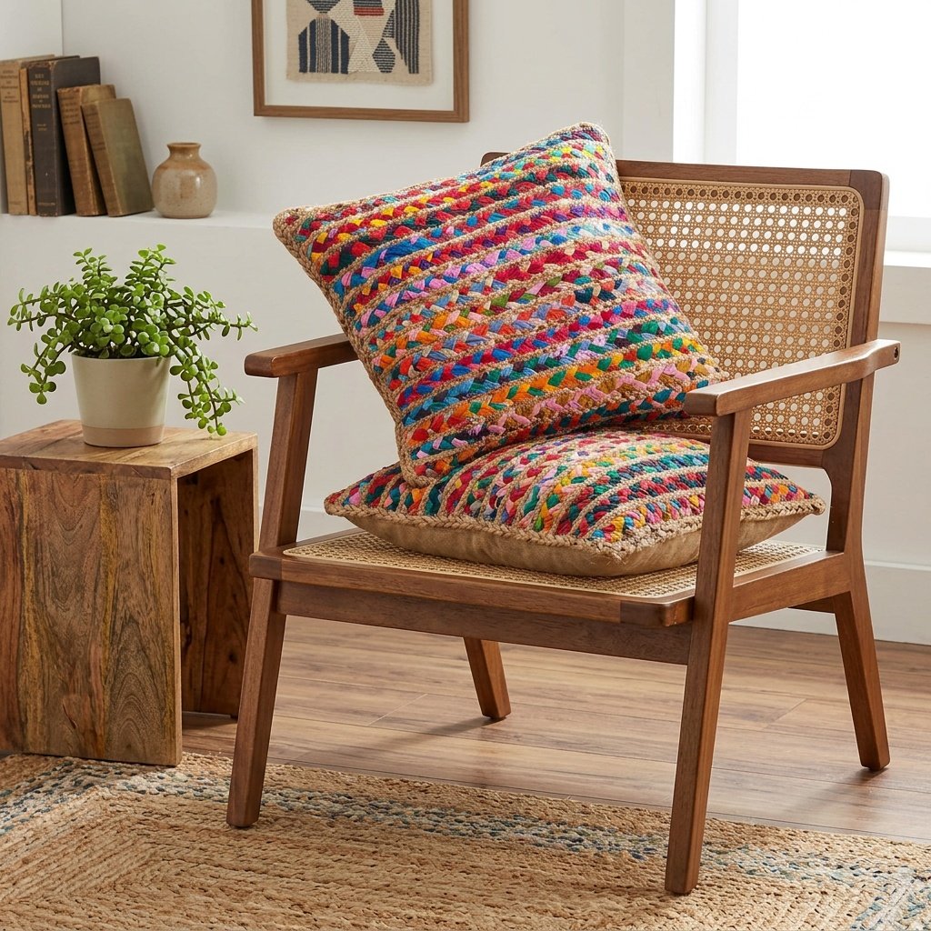 Kleurrijke chindi gevlochten jute kussenset Colorful chindi braided jute pillows set