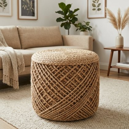Corded jute round pouf ottoman