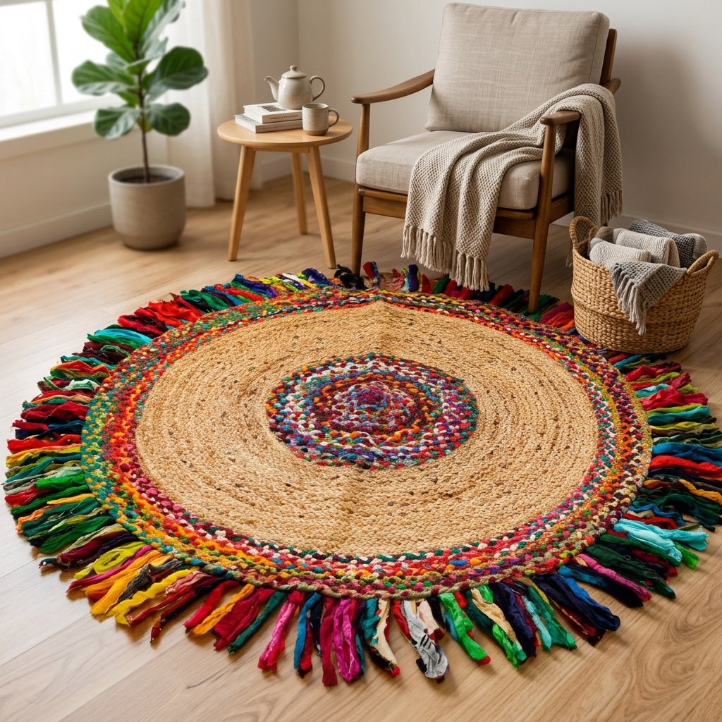Katoenen jute vloerkleed rond met multicolor kwastjes Cotton jute rug round with multicolor tassels