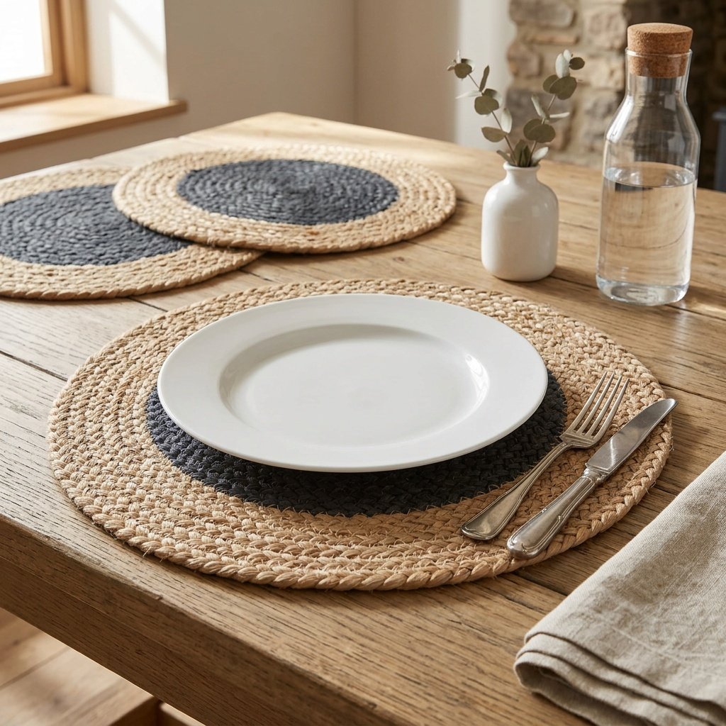 Donkergrijze jute ronde placemats Dark grey jute round placemats