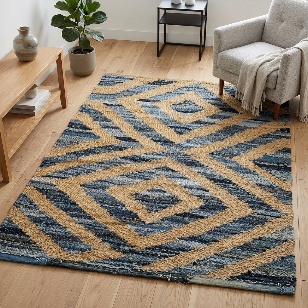 Denim hennep en jute vloerkleed Denim hemp and jute area rug