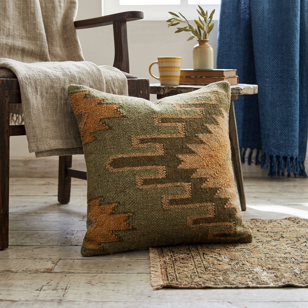 Groene kussens van oosterse wol en jute Green oriental wool and jute pillows
