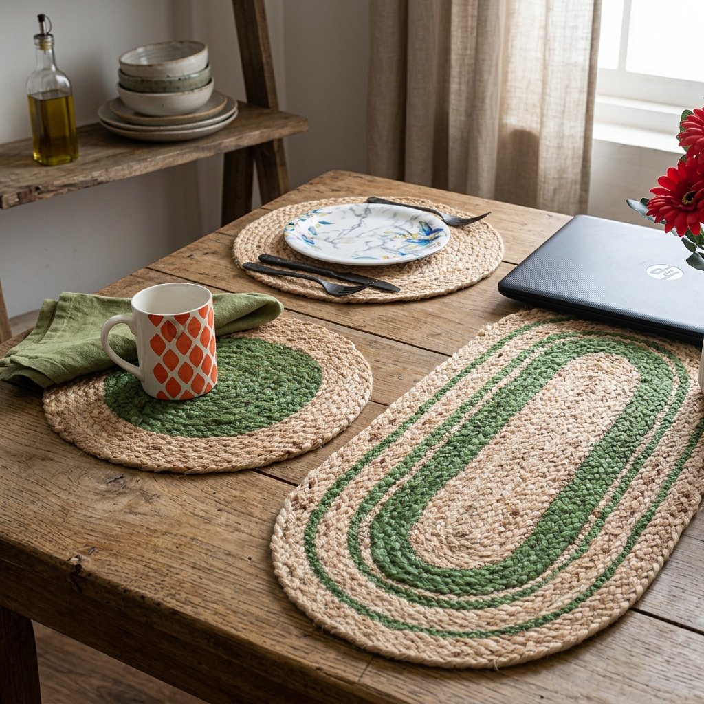 Groene ronde en ovale jute placemats Green round and oval jute placemats