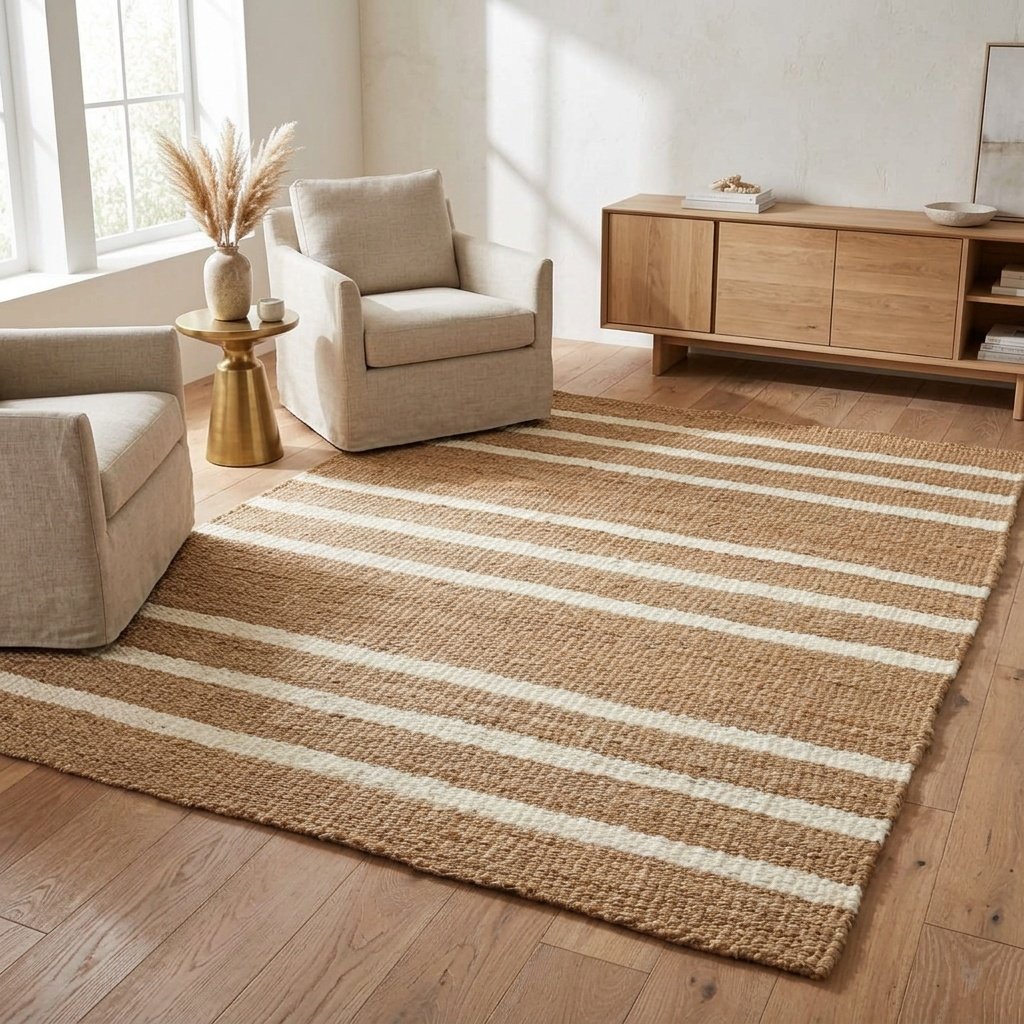 Hennep en jute vloerkleed met witte strepen Hemp and jute rug with white stripes