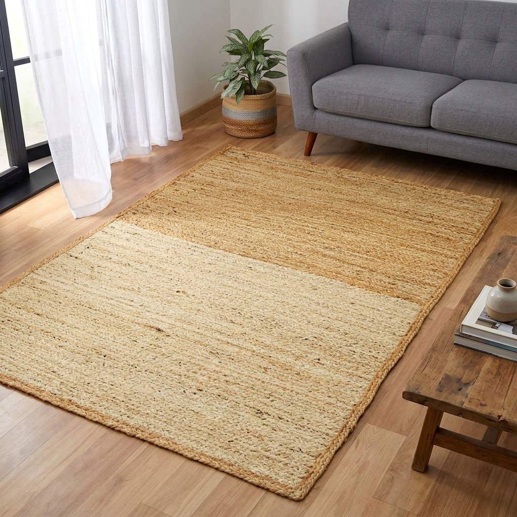 Ivoor en naturel gevlochten jute vloerkleed Ivory and natural braided jute rug
