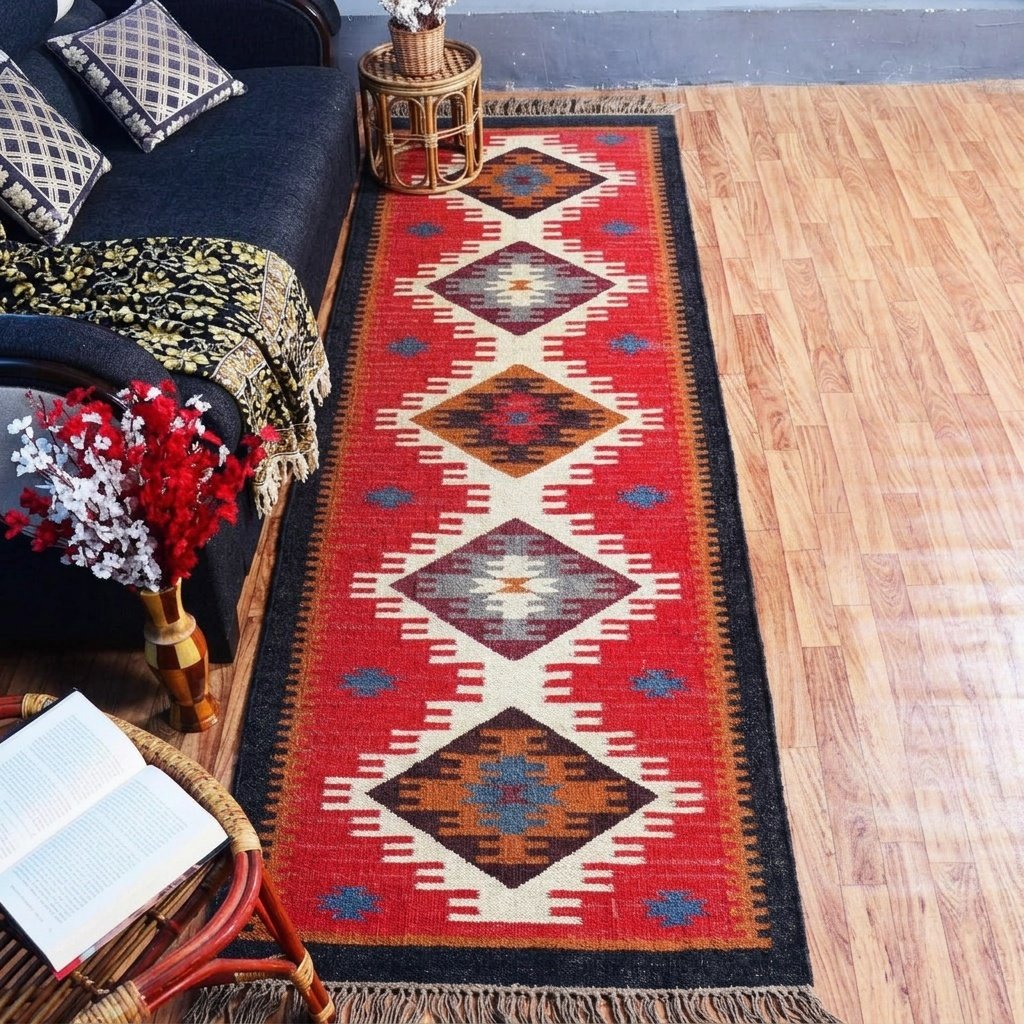 Jute en wollen loper kilim vloerkleed Jute and wool runner kilim rug