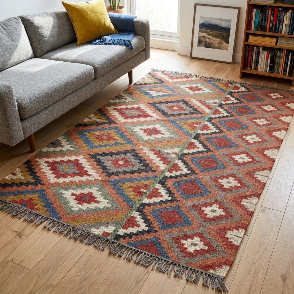Kelim dhurrie tapijt van wol en jute Kilim dhurrie wool and jute rug