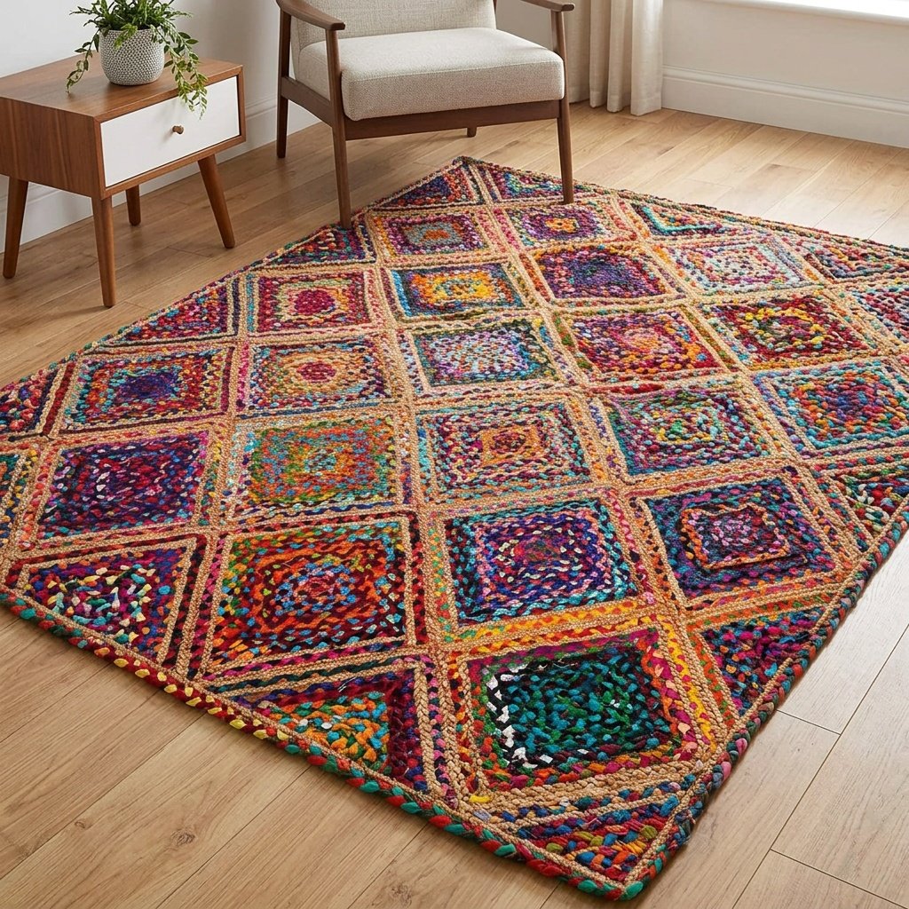 Multicolor Diamond tapijt van katoen en jute Multicolor Diamond cotton and jute rug