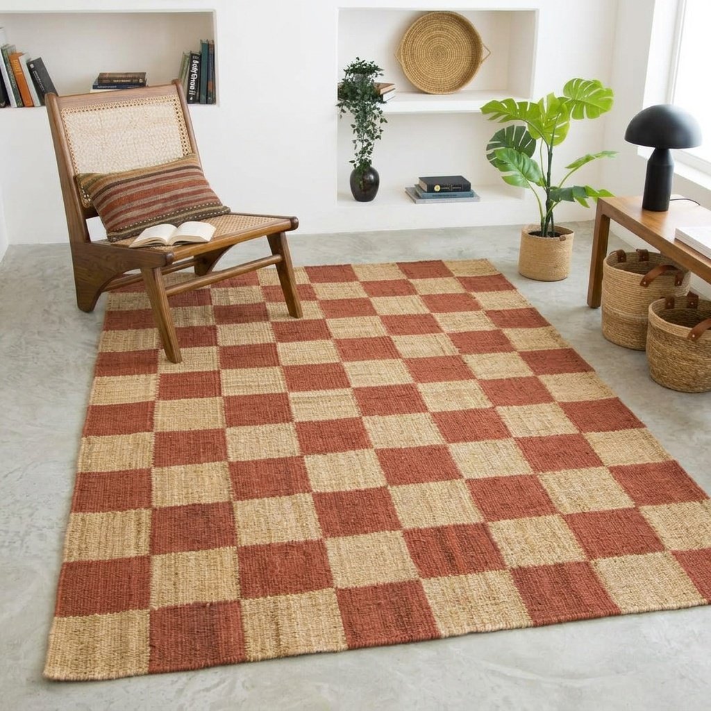 Naturel en roest hennep jute geruit tapijt Natural and rust hemp jute checkered rug