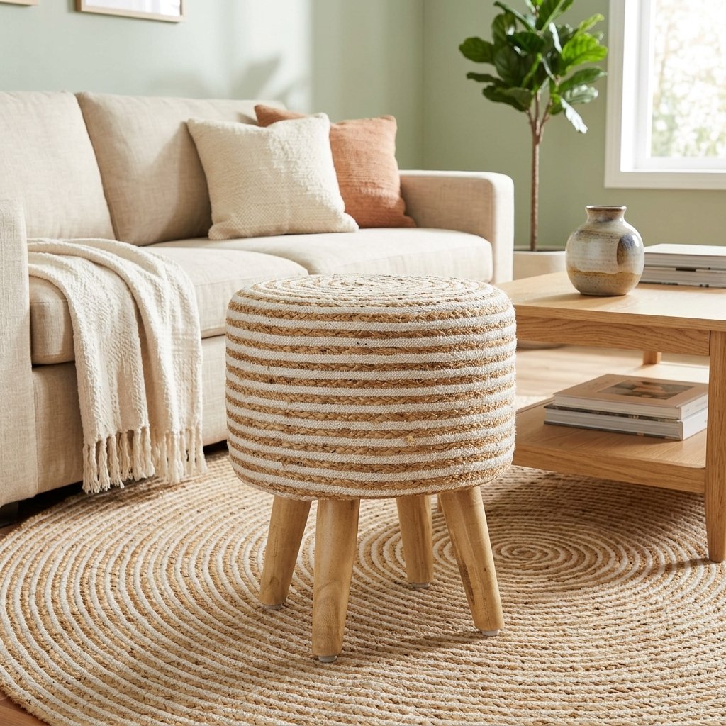Naturel en wit katoenen poef van jute Natural and white cotton jute pouf ottoman
