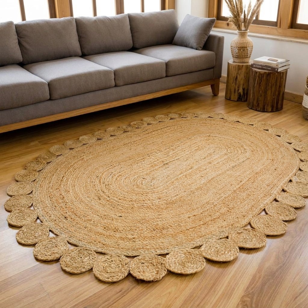 Ovaal vloerkleed van natuurlijk geschulpte jute Natural scalloped jute oval rug