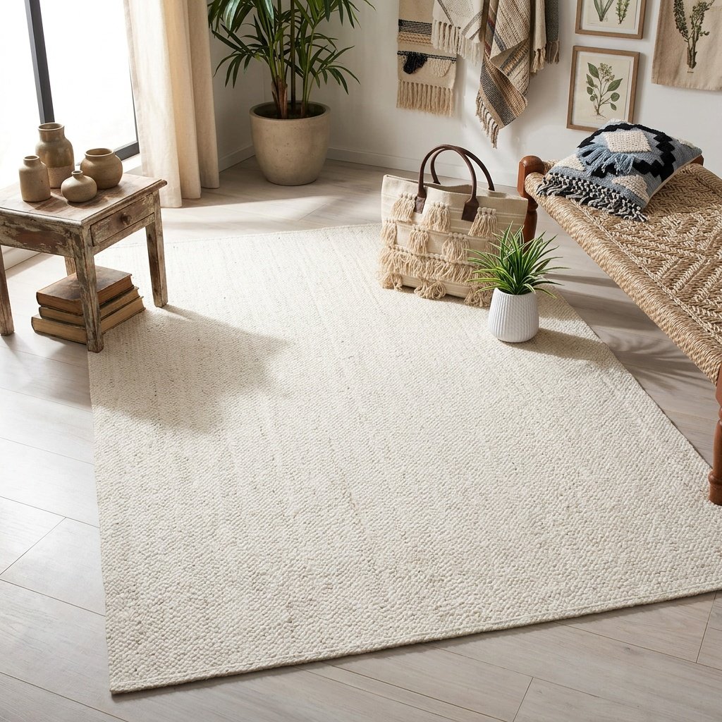 Naturel wit gevlochten jute vloerkleed Natural white braided jute rug