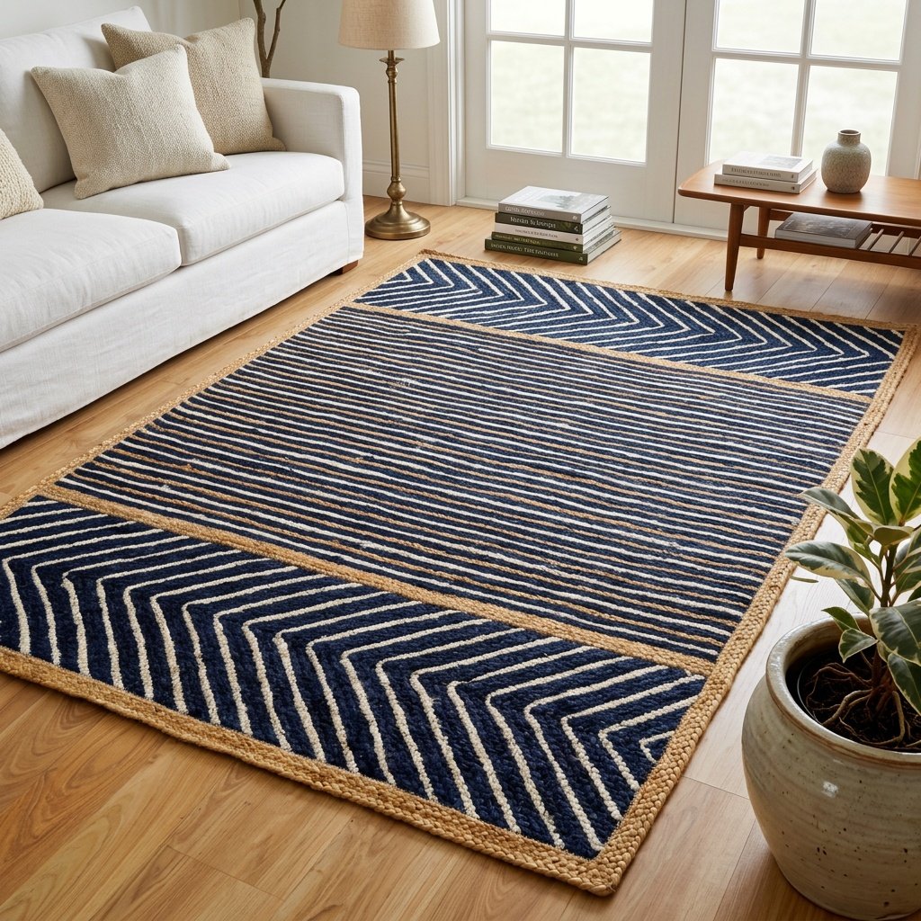 Navy en wit gestreept jute vloerkleed Navy and white striped jute area rug