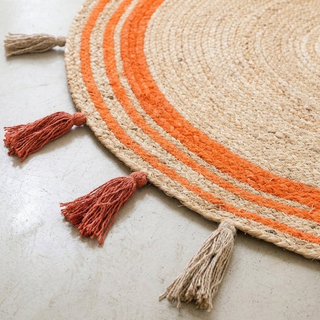 Oranje bies van gevlochten jute met kwastjes Orange trim braided round jute rug with tassels