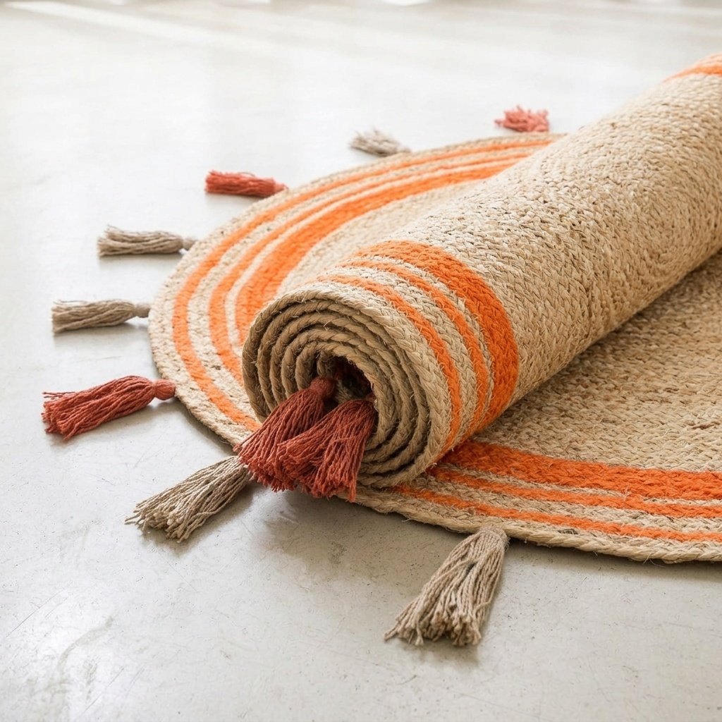 Oranje bies van gevlochten jute met kwastjes Orange trim braided round jute rug with tassels