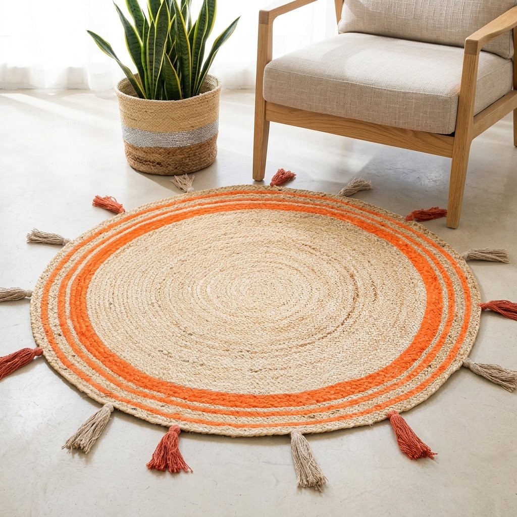 Oranje bies van gevlochten jute met kwastjes Orange trim braided round jute rug with tassels