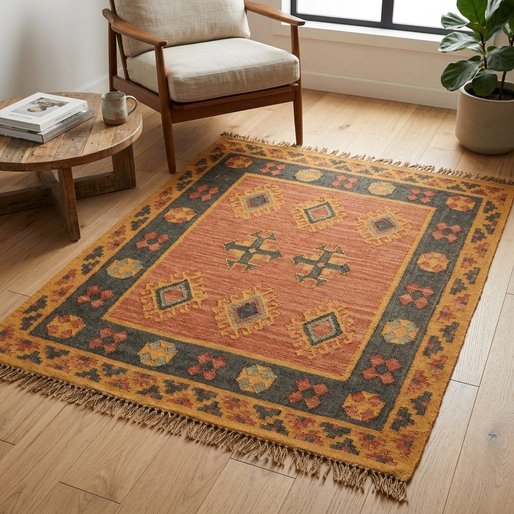 Oranje kilim vloerkleed van wol en jute Orange wool and jute kilim area rug