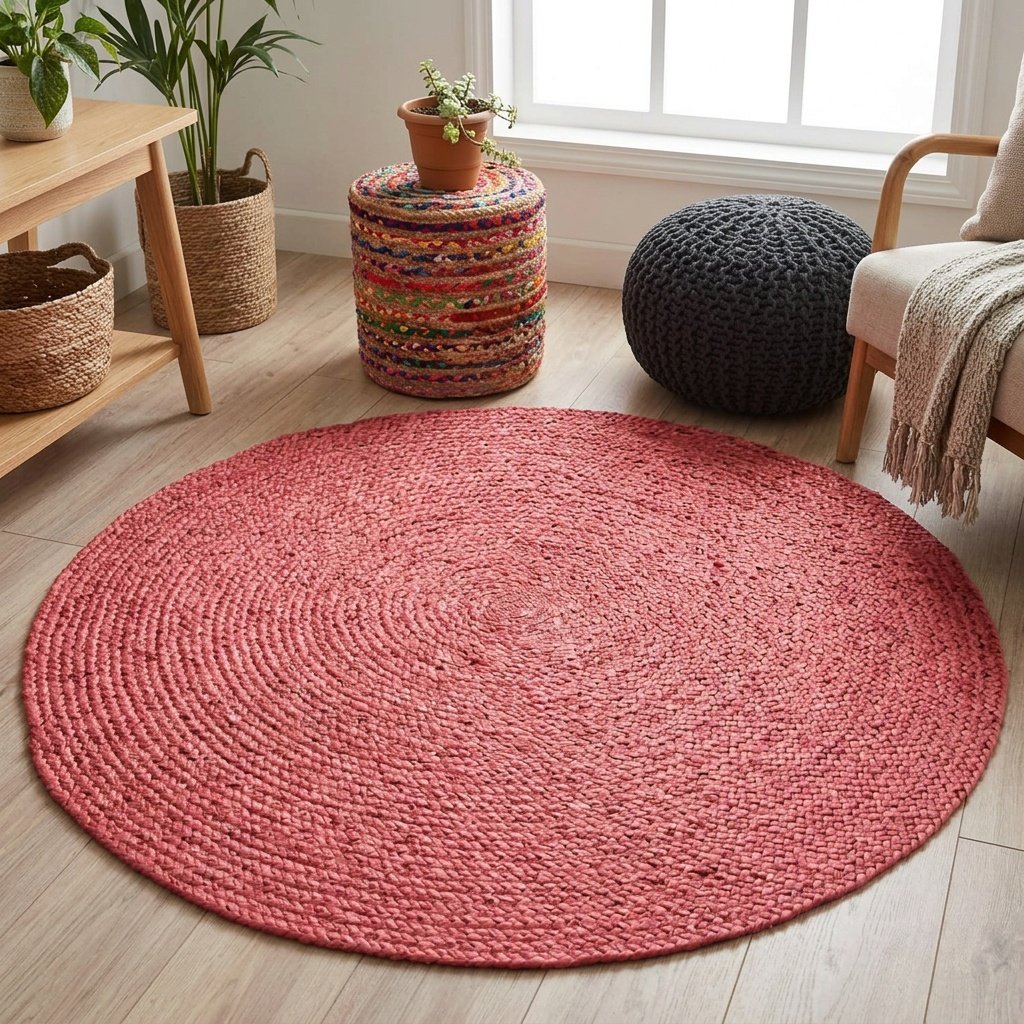 Roze gevlochten rond jute vloerkleed Pink braided round jute rug
