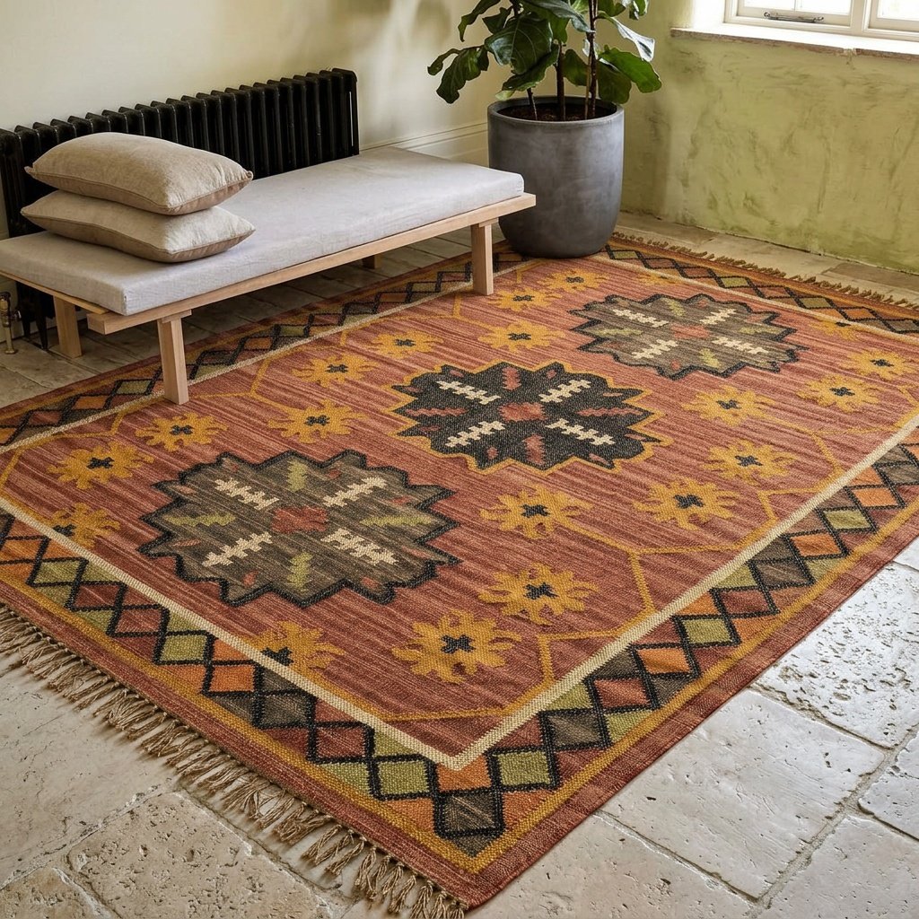 Rood vervaagd navajo tapijt van wol en jute Red faded navajo wool and jute rug