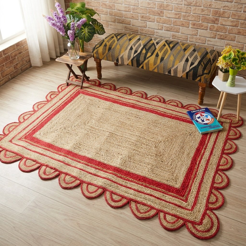 Rood geschulpt jute vloerkleed Red scalloped edge jute rug