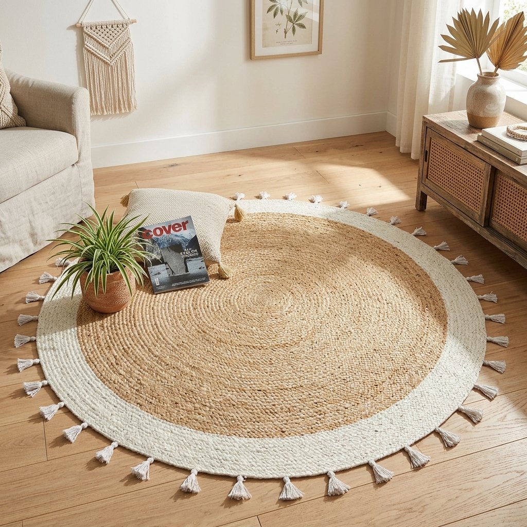 Rond jute vloerkleed met witte rand Round jute rug with white border