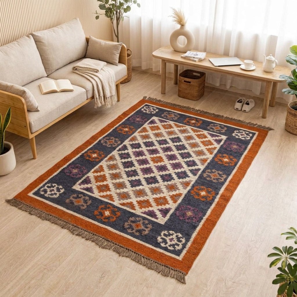Vloerkleed met roestrand van wol en jute Rust border wool and jute rug