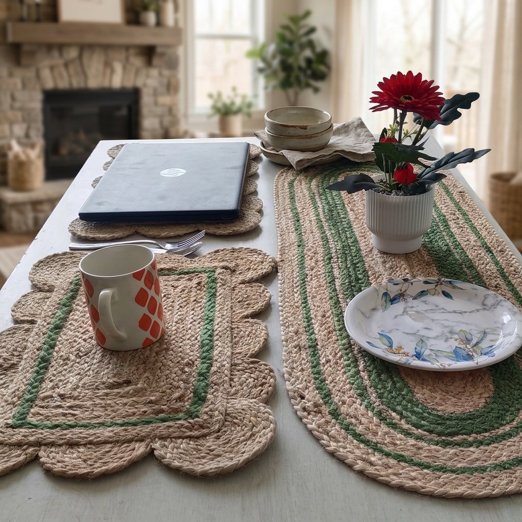 Geschulpte en ovale placemats van jute Scalloped and oval jute placemats