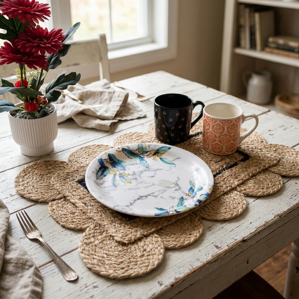 Geschulpte placemats van jute met zwarte bies Scalloped jute placemats with black trim