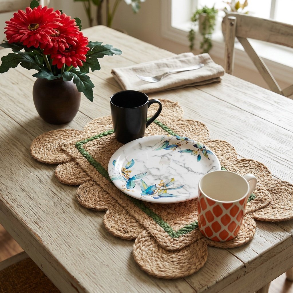 Geschulpte placemats van jute met groene bies Scalloped jute placemats with green trim