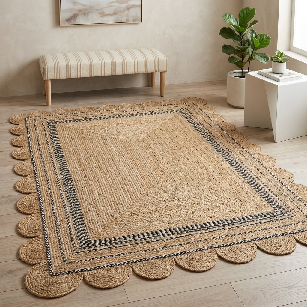 Geribbeld jute vloerkleed met zwarte en witte bies Scalloped jute rug with black and white trim