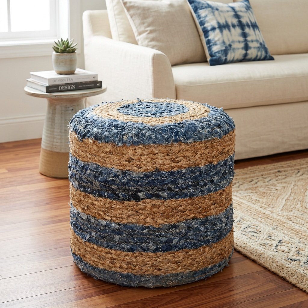 Gestreepte jute poef van denim Striped denim jute pouf ottoman